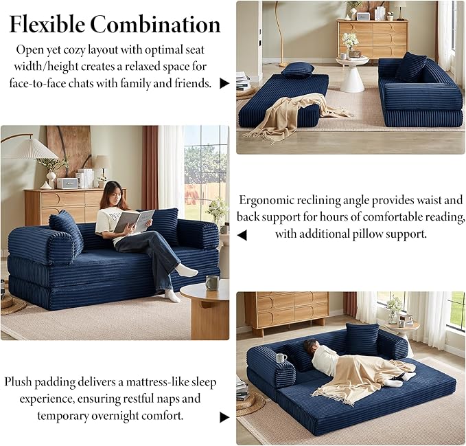 Folding Convertible Sleeper Sofa Bed Corduroy Upholstered Boneless Couch with Pillows Modular Floor Sofa Compression Couch for Living Room No Assembly Required (Blue)