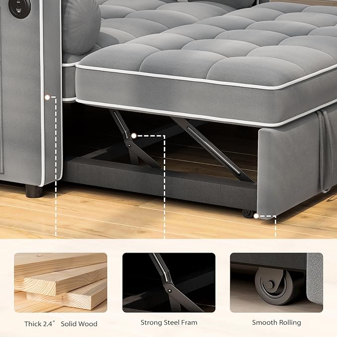 Pipishell 3 in 1 Convertible Sleeper Sofa BedPull Out Couch for Living Room with USB Ports &amp Side PocketsAdjustable BackrestVelvetLoveseat Sofa BedFuton CouchesBlack