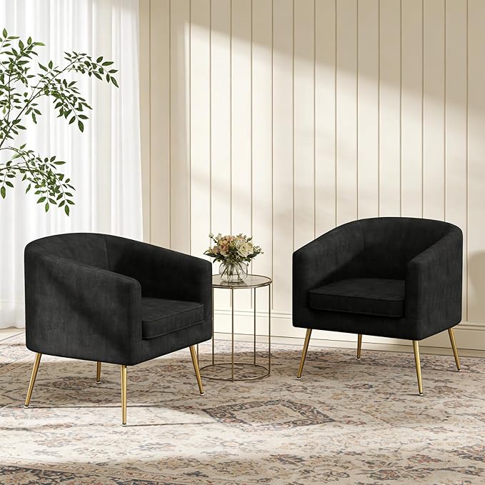 Velvet Accent Chair Set of 2 Modern Barrel Armchair with Gold Legs Upholstered Club Chairs for Living Room/Bedroom/Guest Reception Black