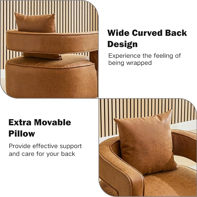 Chifee &amp Vingol 29.1 PU Leather Swivel Accent Chair Mid Century Retro Barrel Chair with Solid Wood BaseBrown