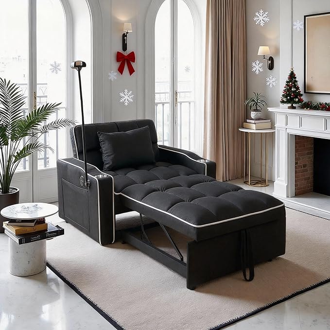 Convertible Sleeper Chair Pull Out Chair Sleeper with Bracket and Cup Holder 3 in 1 Sofa Bed Chairs for Adults Chairs Bed Sleepers for Small Spaces Living Room Black