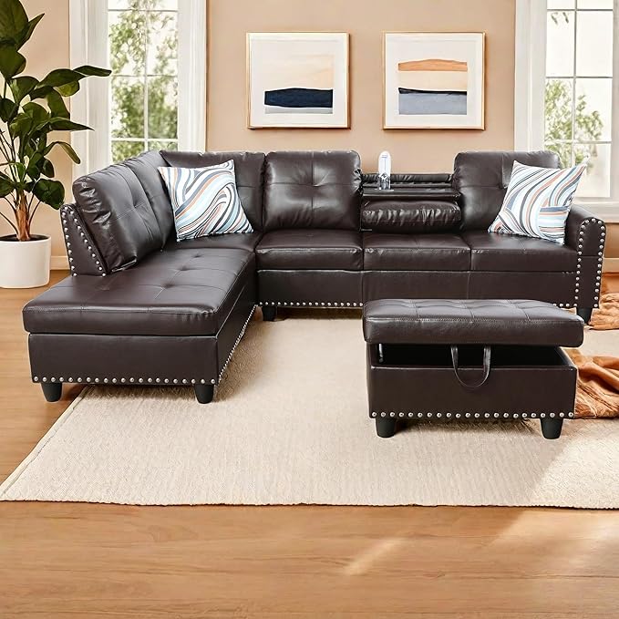 L Shaped Sectional Couches Convertible Lounge Leather Couch with Reversible Cup Holder Nail-Head Design Modern Modular Sectional Sofa for Living Room Furniture Sets Brown A