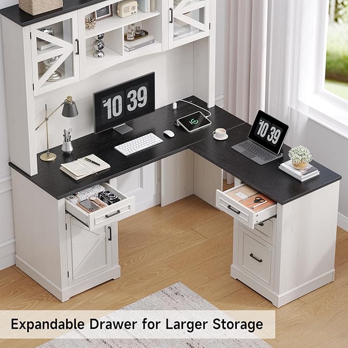 ONBRILL 72 L-Shaped Executive Desk with Hutch Farmhouse L-Shaped Computer Desk with 4 Drawers File Drawer and Power Outlet Home Office Computer Desk for Living RoomStudy Room (Off White&amp Blac
