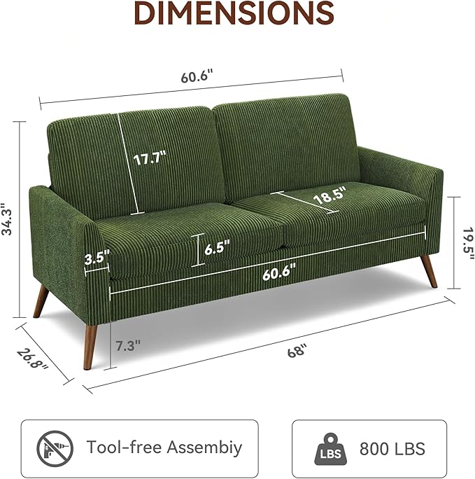 Vipbear 68 Loveseat Sofa - Green Comfy Corduroy with Spring Cushion Solid Wood Frame Modern Deep Seat Bedroom &amp Living Room Office Small Couch
