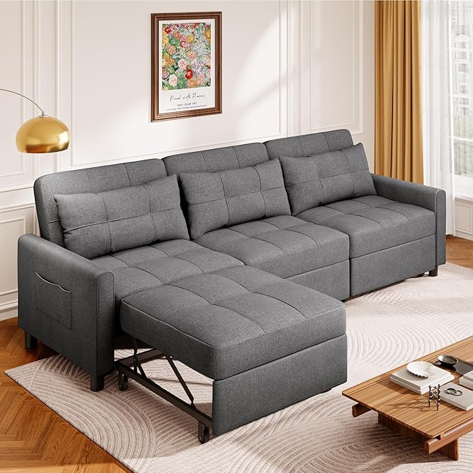 Aiho Sectional Sleeper Sofa 84 Inch Pull Out Couch with Adjustment Backrest &amp Ottoman Convertible Sectional Couch Bed for Living Room Guest Room Dark Grey