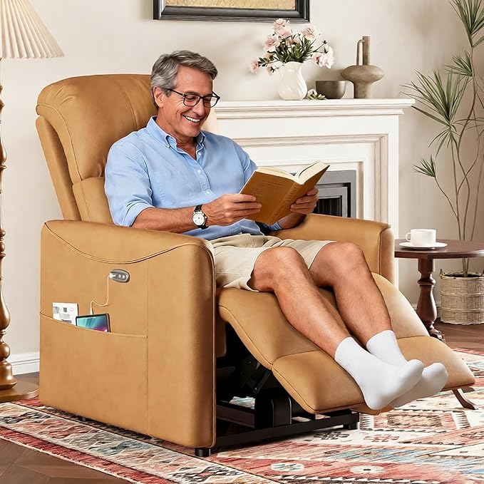 Power Recliner Chair Reclining Chair PU Leather Small Recliners for Small Spaces Infinite Position Electric Recliner Chairs for Adults Electric Recliners with USB Port &amp Side Pocket Brown