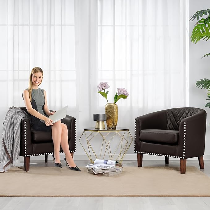 PrimeZone Barrel Chair Comfy Accent Chair Faux Leather Living Room Chairs Club Chairs with Cushion Nailhead Trim and Diamond Mesh Backrest Reading Chairs for Bedroom Waiting Room 4PCS Brown