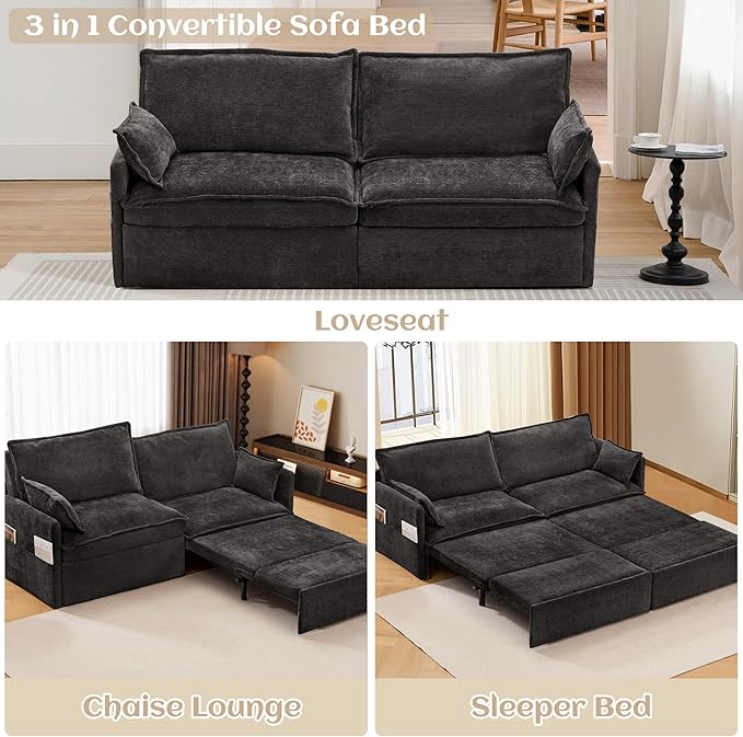 SUNWAVE 74 King Pull Out Sofa Bed - Convertible Sleeper Sofa Bed Space Saving Corduroy Loveseat Chaise Lounge with USB Charging Side Pockets for Living Room Bedroom Small Spaces(Ink 74)