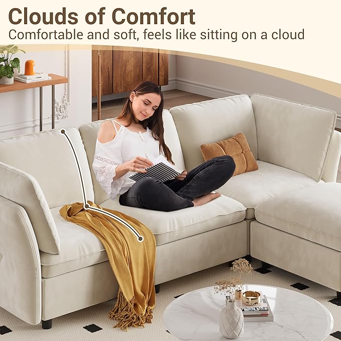 IDEALHOUSE 97 Modular Sectional Sofa L-Shaped Modular Couch with Storage 4-Seater Comfy Cloud Couch with Movable Ottoman Deep Seat Modern Sectional Couches for Living Room Bedroom Beige