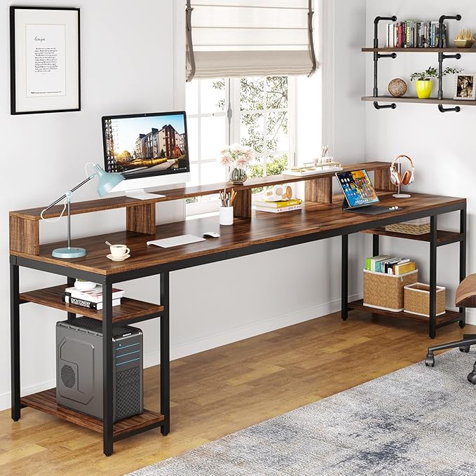 Tribesigns Two Person Desk with Monitor Stand 78.74 Long Double Computer Office Desk with Storage Shelves Large Gaming Study Writing Table Workstation for Home Office (Rustic Brown)