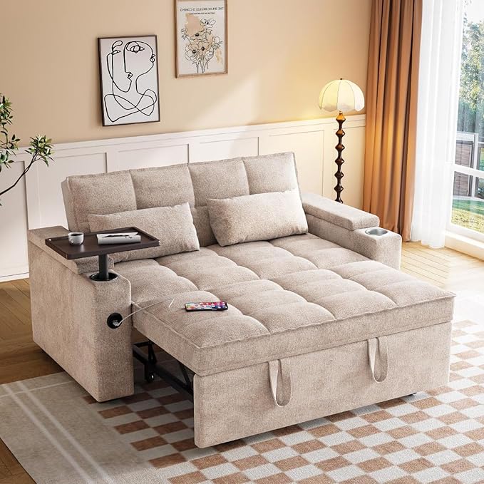 65'' 3-in-1 Convertible Sofa Bed with Adjustable Backrest Pull Out Sofa Chenille Couch Sleeper 360° Swivel Side Table Easy Assembly for Living Room &amp Apartments Khaki