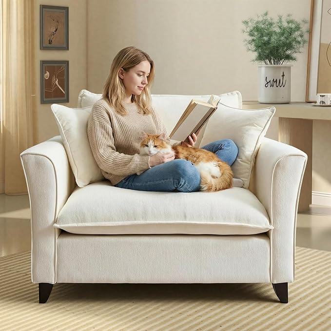 ERYE 46.9 Chenille Upholstered Accent Chair Wide Seat for Living Room Bedroom Modern Leisure Cushion Armchair W/ 2 Pillows and Removable Cover for Home Apartment Office