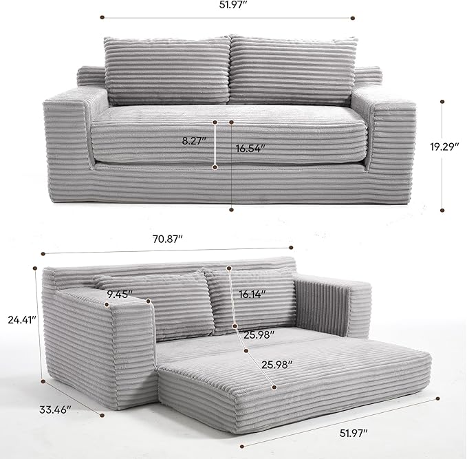 Boneless Couch 2 in 1 Convertible71 Corduroy Cloud Loveseat SofaMemory Foam Couch in a BoxNo Assembly Small Sofa for Living RoomApartments Home OfficeBedroom-Grey
