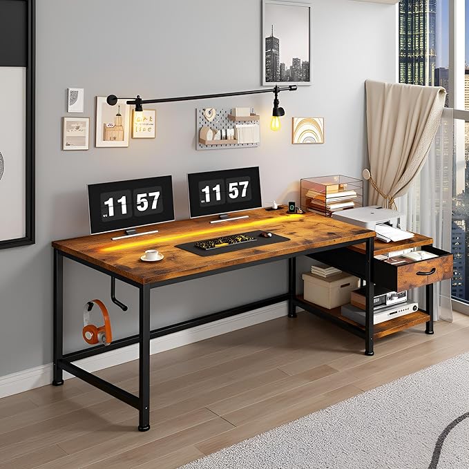56 Inch Computer DeskReversible Office Desk with LED Lights &amp Power OutletsWriting Desk with Wide Tabletop for StudyWritingDesk with Drawers &amp Printer Shelf for StorageCraftRustic Brown