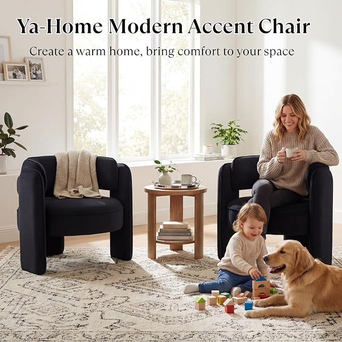 Modern Accent Chair Set of 2 Low Seat Round Upholstered Lounger Chair with Barrel Back Solid Wood Legs Mid Century Velvet Comfy Armchair Cozy Side Chair for Living Room Bedroom Black