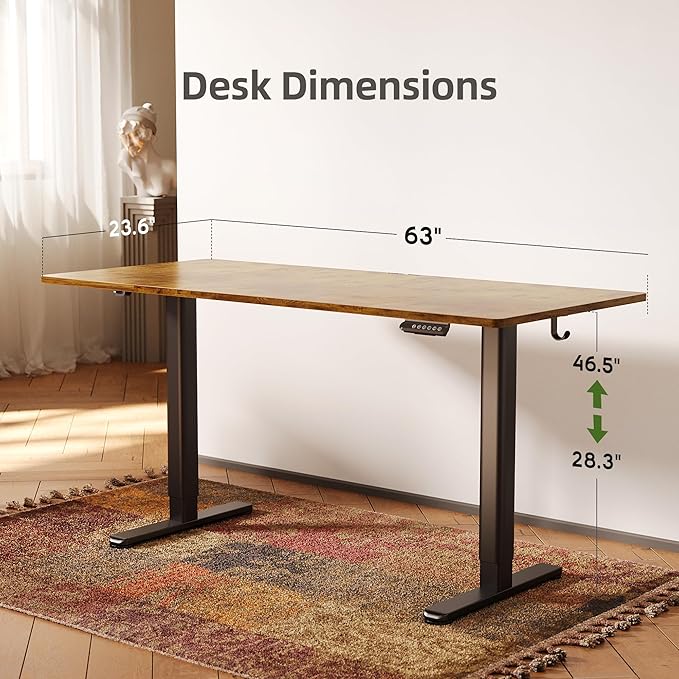 INNOVAR Electric Standing Desk Adjustable Height Stand up Desks 63 x 24 Inches Sit Stand up Desk for Home Office Computing 3-Preset Memory Height Ergonomic Rising Desks Rustic Brown