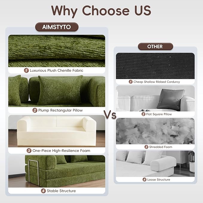 5-in-1 Convertible Folding Sofa Bed 79 Queen Chenille Boneless Couch with Removable Armrests No Assembly Loveseat Sleeper Sofa Modular Futon Couch for Living Room &amp Bedroom Green