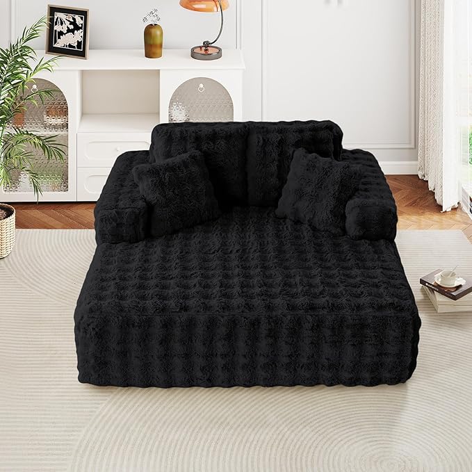 56 W Oversized Chaise Lounge Chair IndoorPlush Faux Fur Sleeper Couch Sofa Bed with PillowsFluffy Comfy Cloud SofaCompression Foam Boneless Couch for Living RoomBedroom(Bubble Black)