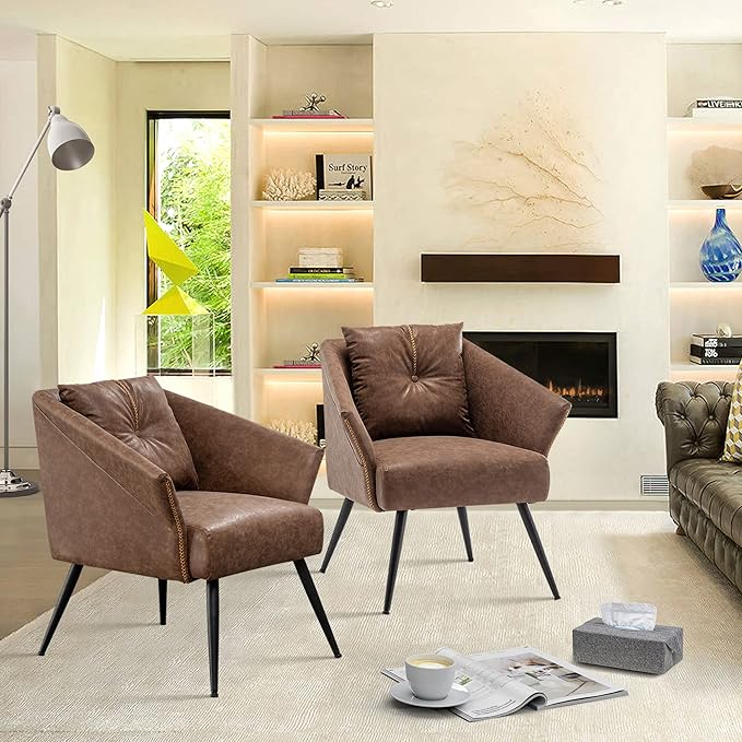 Alunaune Upholstered Brown Accent Chairs Set of 2 Modern Faux Leather Living Room Chairs Arm Chair Tub Bucket Club Chair Mid Century Large Lounge Chair Single Sofa for Bedroom
