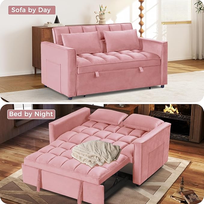 ANJ 3 in 1 Convertible Sofa Bed Pull Out Futon Loveseat Sleeper Sofa Couch with Adjustable Backrest Storage Pockets 2 Pillows for Living Room Bedroom