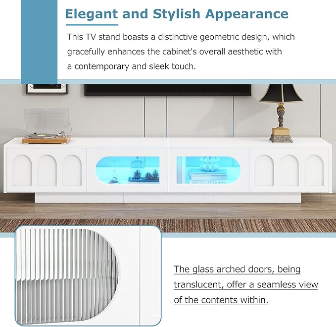 Merax TV Stand for Televisions Up to 95'' Functional Media Console with APP-Controlled Smart LED Light Arched Cabinet Doors and Fluted Glass Doors Entertainment Center for Living Room White