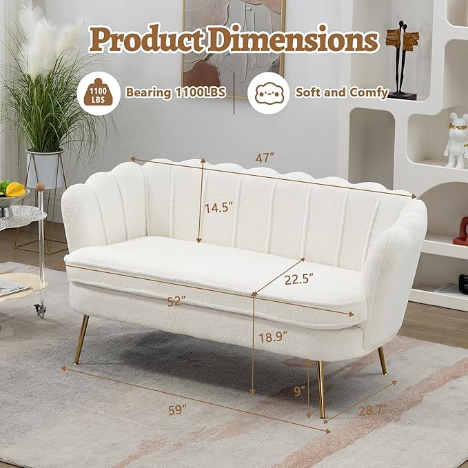 59 Small Loveseat Sofa 2-Seater Modern Chenille Couch with Gold Metal Legs &amp Floral Backrest Compact Apartment Sofa for Living Room Bedroom Office Dorm (Boucle Ivory)