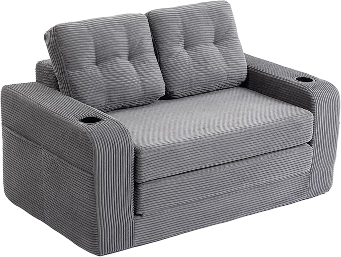54 Convertible Sofa Bed 2-in-1 Boneless Folding Couch Bed with Cup Holder &amp Pocket Corduroy Fold Out Floor Couch with Pillows for Living Room Bedroom Small Spaces (Grey)
