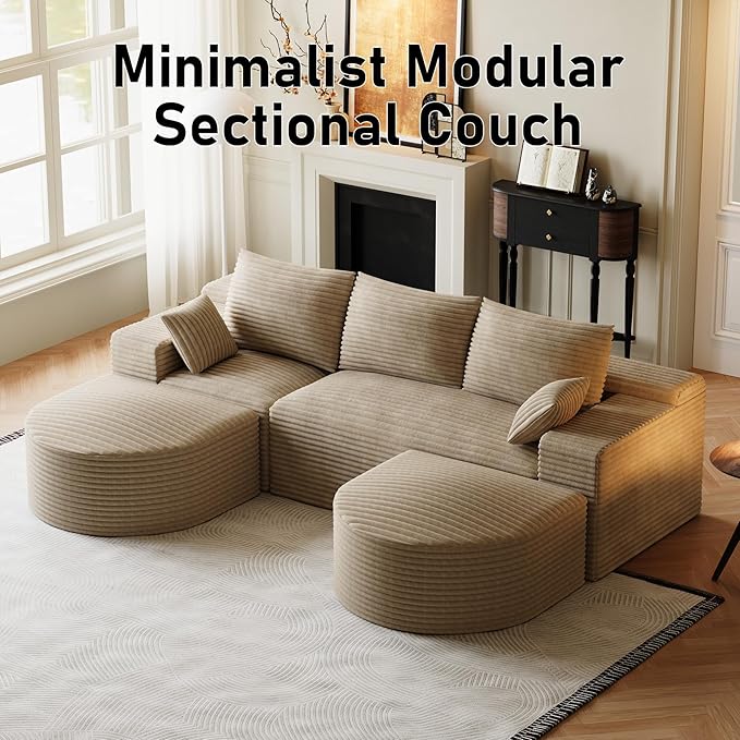 108 Modular Sectional Sofa Cloud Couch for Living RoomU Shaped Comfy Fluffy Light Brown Boneless Couches with 2 Curved OttomansModern Plush Corduroy Memory Foam Floor Couch with Chaise