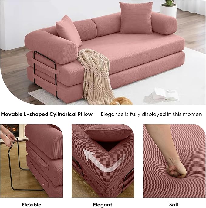 78.5 Inch Convertible Sleeper Sofa Bed 5 in-1 Boneless Floor Couch Bed with Fixed-Shape Frame Modular Futon Couch for Living Room Apartments RV Studio Bedroom Small Spaces Pink
