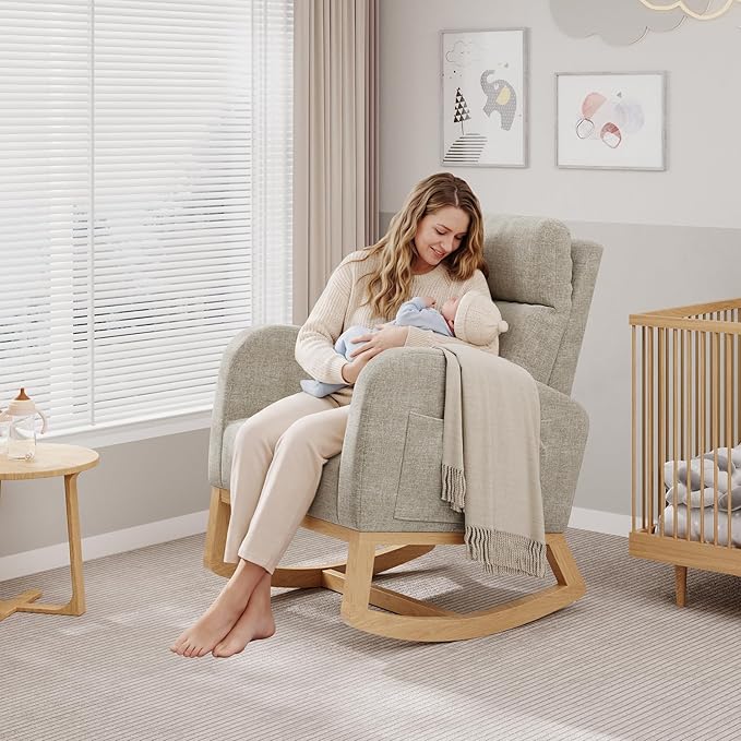GarveeHome Linen Rocking Chair Modern Nursery Glider Chair with Side Pockets and Pillow Rocker Chair for Living Room Bedroom Nursing Room Grey