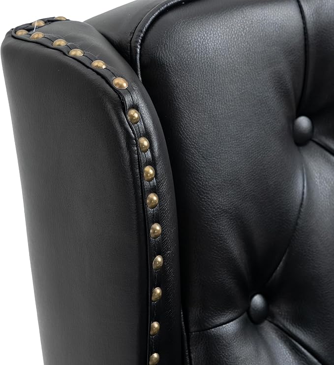 Bellemave Mid Century Wingback Chair PU Leather Button Tufted Upholstered Accent Armchair with Wood Legs Modern Living Room Chairs with High Back Leisure Single Sofa Chair for BedroomClub（Black）