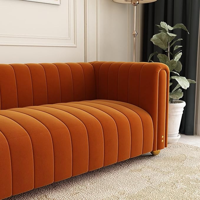 81 Orange Velvet Sofa Mid Century Modern Couch for 3 Person Chesterfield Tufted Velvet Couches for Living Room Apartment Bedroom Office