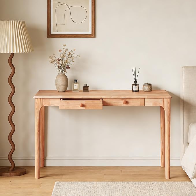 Natural Solid Wood Desk with Drawers Mid Century Modern Real Wood Writing Desk Home Computer Office Desks for Work Standing Desk for Bedroom Small Spaces (Wood Color 40×22(100×56cm))