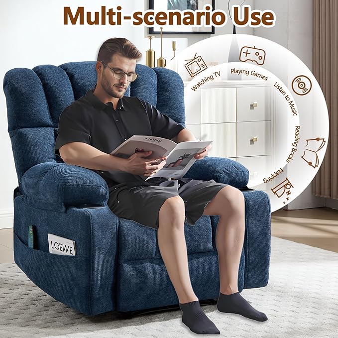Massage Recliner Chair with Heat Blue Recliner Chair with Cup Holder for Adults Manual Reclining Chairs Large &amp Oversized Recliners for Living Room Fabric Heavy Duty (Blue)
