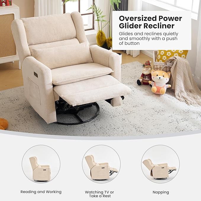 Oversized Swivel Rocker Recliner with Adjustable Headrest 26 Extra Wide Glider Recliner Nursery Chair with Double Cushion Chenille Glider Rocking Chair for Living RoomCup HolderBeige