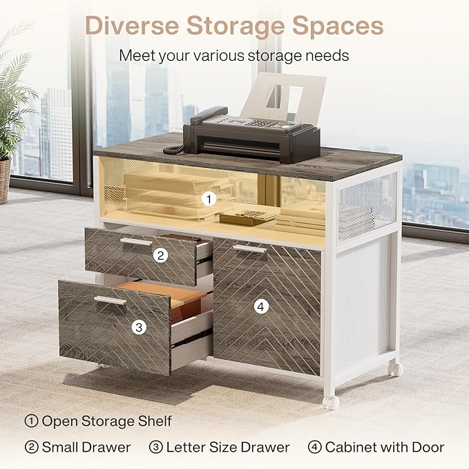 Tribesigns L-Shaped Desk with Drawers 63 Executive Office Desk with Mobile File Cabinet and Storage Shelves Home Office Business Furniture Set (Gray White)