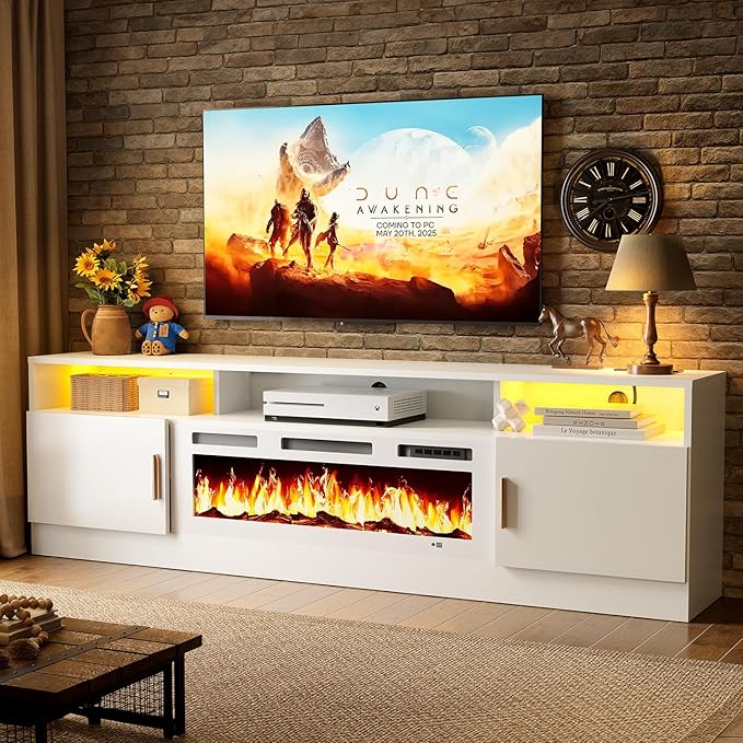 oneinmil 70 Fireplace TV Stand with Power Outlet for TVs Up to 80 Electric Fireplace Entertainment Center with LED Lights &amp Storage Cabinets Media Console Table for Living Room White