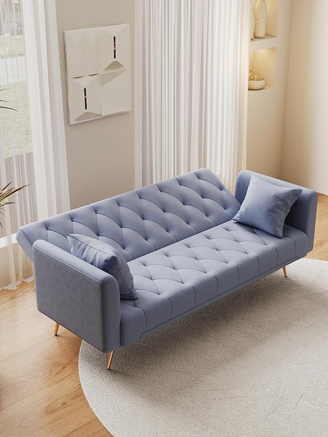 71 Convertible Velvet Futon Sofa Bed Loveseat with Multiple Adjustable BackrestsModern Sleeper Couch with Golden Metal Legs for Living RoomApartmentOfficeGray