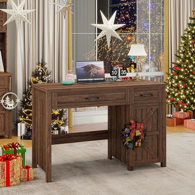 Vabches Farmhouse 47 Executive Desk Computer Desk with Drawers and Storage Cabinet Workstation Computer Desk for Home Office Study.Red-Brown