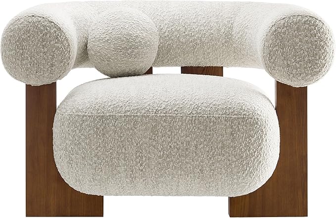 Modway Jace Boucle Fabric Accent Chair in Pearl - Upholstered Barrel Chair with Pillow - Comfy Lounge Armchair with Curved Back and Wood Legs - Soft Teddy Club Chair for Living Room or Bedroom