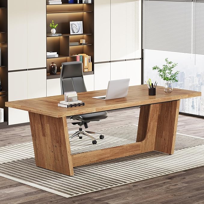 Tribesigns 70.87-Inch Executive Computer Desk: Large Home Office Desk with Solid Wooden Pedestal Industrial Wood Study Writing Table Workstation Business Furniture Walnut