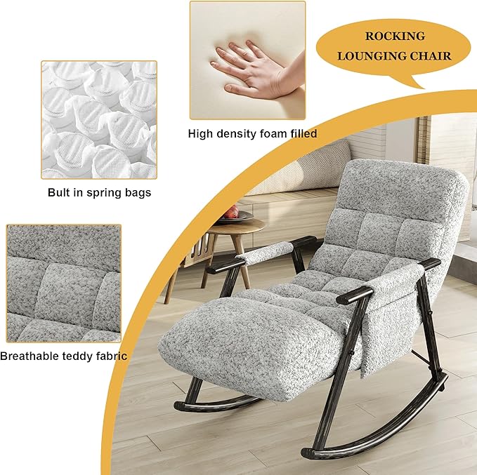 5-in-1 Folding Rocking Lounge Chair Indoor with 5 Angles Adjustable High Back+ Foot Rest Heavy Duty Casual Tufted Upholstered Glider Recling Chair for Living Room Bedroom Balcony (Teddy Gray)