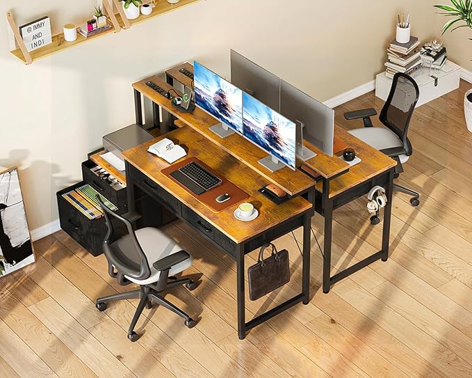AODK Computer Desk with 4 Drawers 48 Inch Office Desk with Printer Shelf &amp Built-in Power Outlet Work Desk with Monitor Shelf for Home Small Spaces Rustic Brown