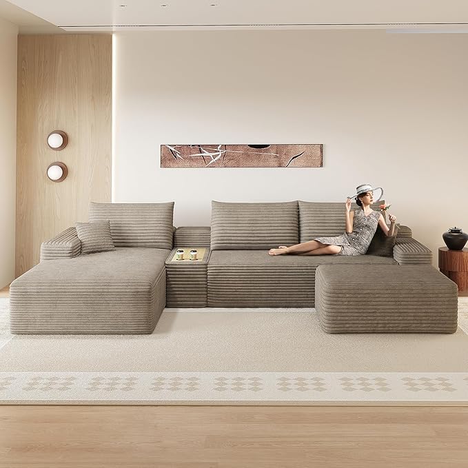 ‌123.6 Modern Cloud Boneless Corduroy Sectional Couch with U-Shape Chaise Ottoman and Side Table No Assembly Required Deep Seat Upholstered Modular Sofa for Living Room (Camel Left Facing)