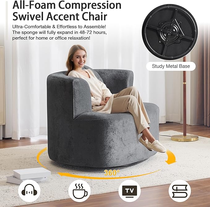 MELLCOM Oversized Swivel Accent Chair Modern Curved Back Single Sofa Chair Comfy All-Foam Compression Upholstered Round Armchair with PillowCozy Chenille Barrel Chair for Living RoomBedroom(Grey)