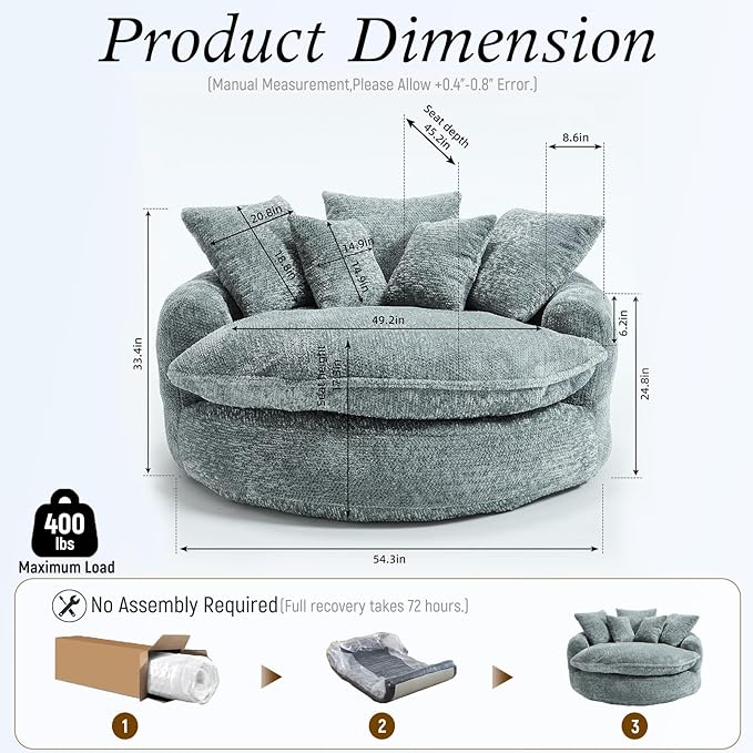 54 Oversized Round Chair Couch Lounge Chaise Indoor Comfy Boneless Sofa for Living Room Cloud Large Circle Couch Chair with 5 Pillows Fluffy Modern Sleeper Sofa Bed for Reading (Blue Gray)
