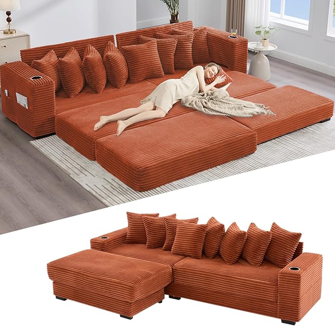 111 Inch Sleeper Sofa Bed | Convertible Cloud Sectional Couches for Living Room | L-Shaped Couch with Cup Holder Side Pocket 8 Pillpws | Orange