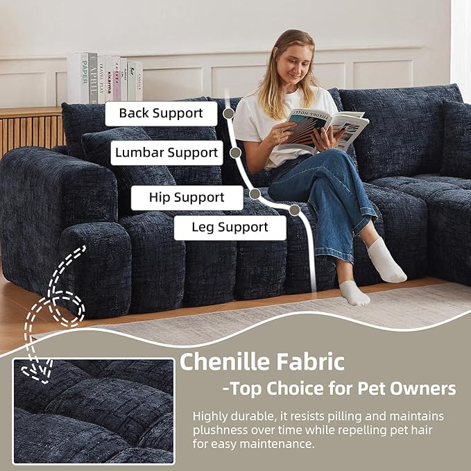 110 Inch Cloud Sectional CouchModern Upholstered Sofa with Deep SeatChenille Boneless Couches with L-Shape ChaiseSponge Compressed Couches for Living Room (Dark Blue Right Facing Chaise)