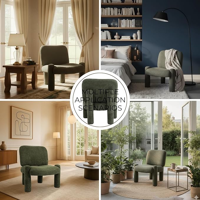 HNY Modern Accent Living Room Chairs Set of 2 Green Boucle Reading Chair Armless Lounge Chair Comfy Barrel Chair Sherpa Cloud Chair with Wood Frame for Living Room Small Spaces Bedroom Apartment
