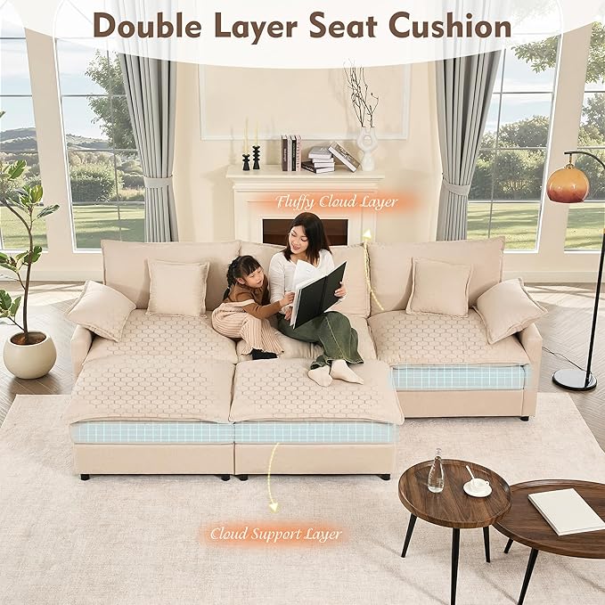 108 U Shaped Couch Modular Sectional Sofa 3-Seater Comfy Cloud Couch Set of Modular Pieces with Movable Ottoman Deep Seat Couches for Living Room Linen Beige